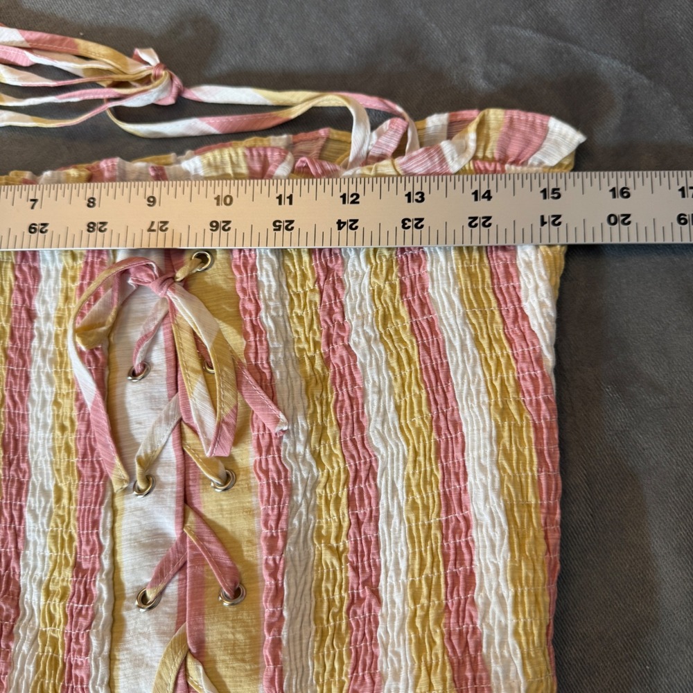 Blue Blush Smocked Crop Top S Pink Yellow Striped Lace Up Boho Beach Cottagecore - Picture 6 of 8